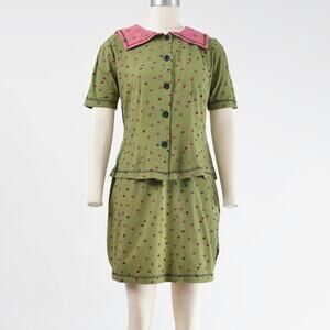 Vintage 90s Polka Mini Dot Skirt and Blouse Set Cotton Sailor Collar Top XS S